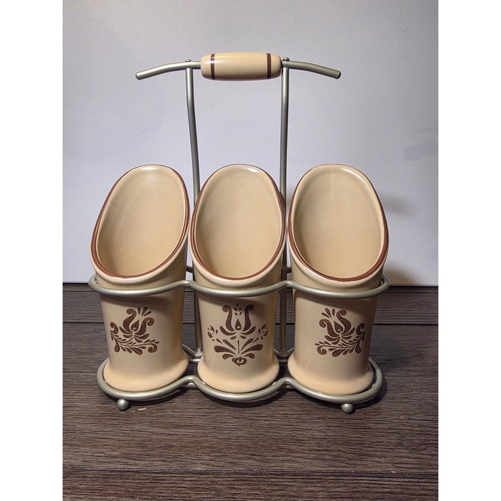 Pfaltzgraff Village Stoneware Flatware Caddy 3 Crock Utensil Holder with Handle